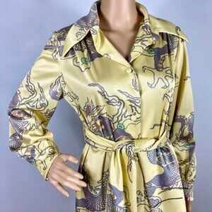 Vtg 70s David Brown Maxi Button Dress Dragon Print Sz M w/ Sash Silky Jersey